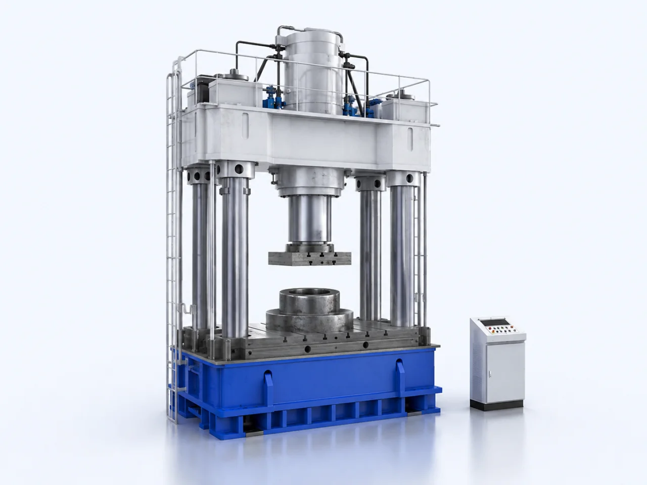 A four-column hydraulic press with a heavy steel workpiece.