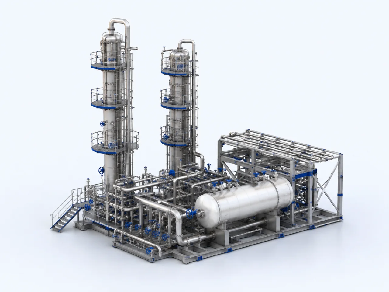 Refinery columns, a pressure vessel and connected process pipework.