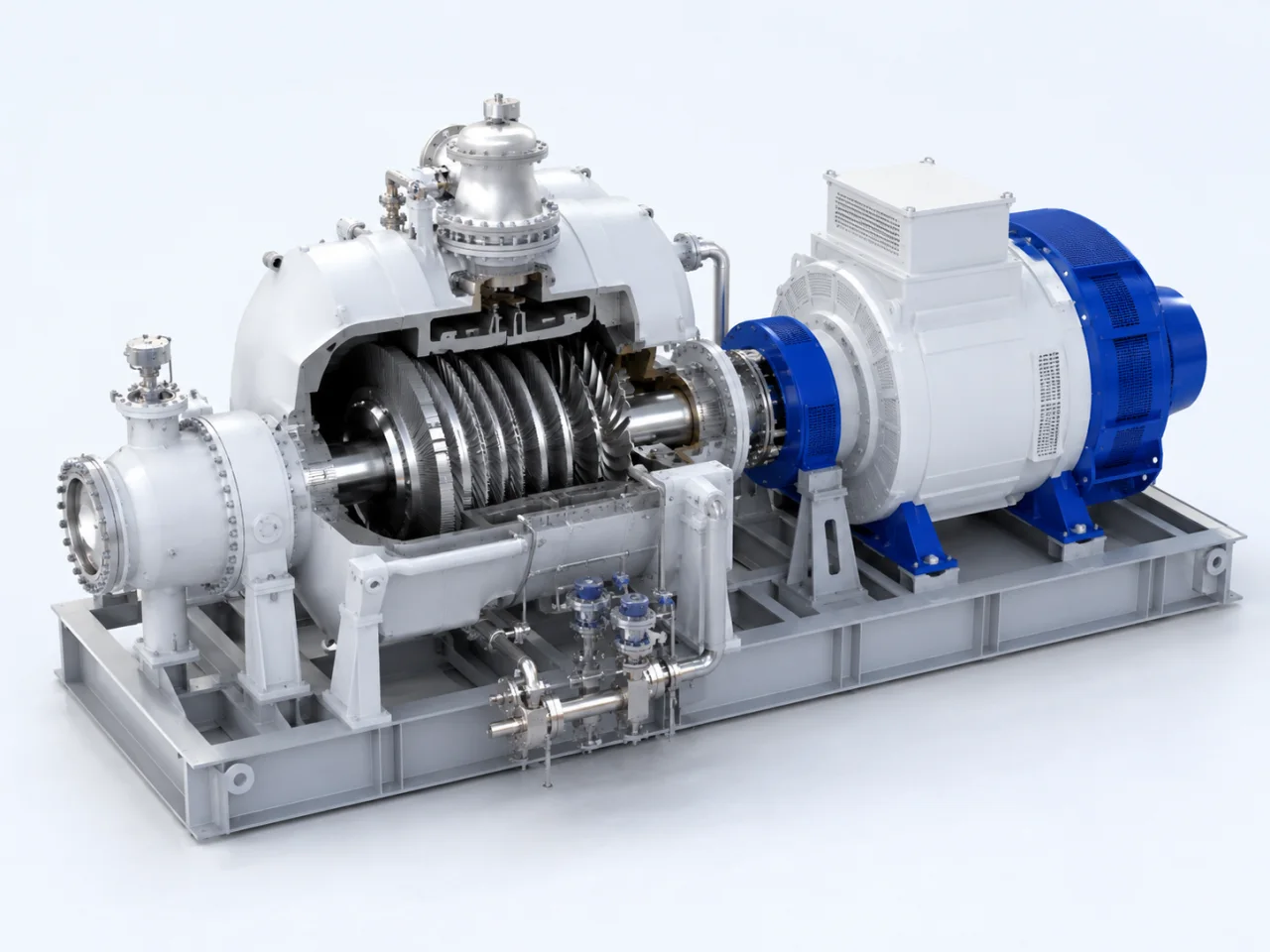 A steam turbine and generator set with the internal rotor visible.